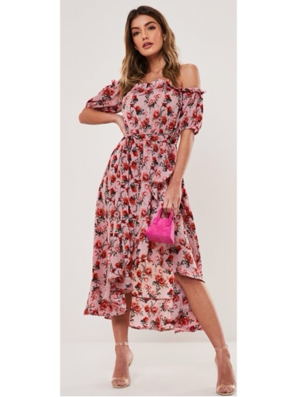 Missguided Pink Floral Off-Shoulder Midi Dress
